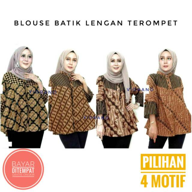 Baju Atasan Batik Muslimah Lengan Terompet / Blouse Wanita Hijab Kancing Lawasan Coklat Berkualitas