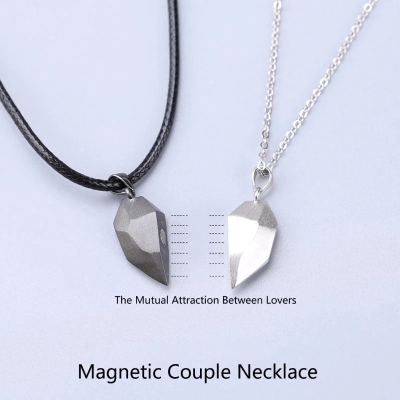 [2Pcs Personality Magnetic Couple Pendant Necklace] [Creative Lovers Heart Pendant Distance Faceted Charm Necklace] [Popular Choker Necklace Women Valentine's Day Gift]