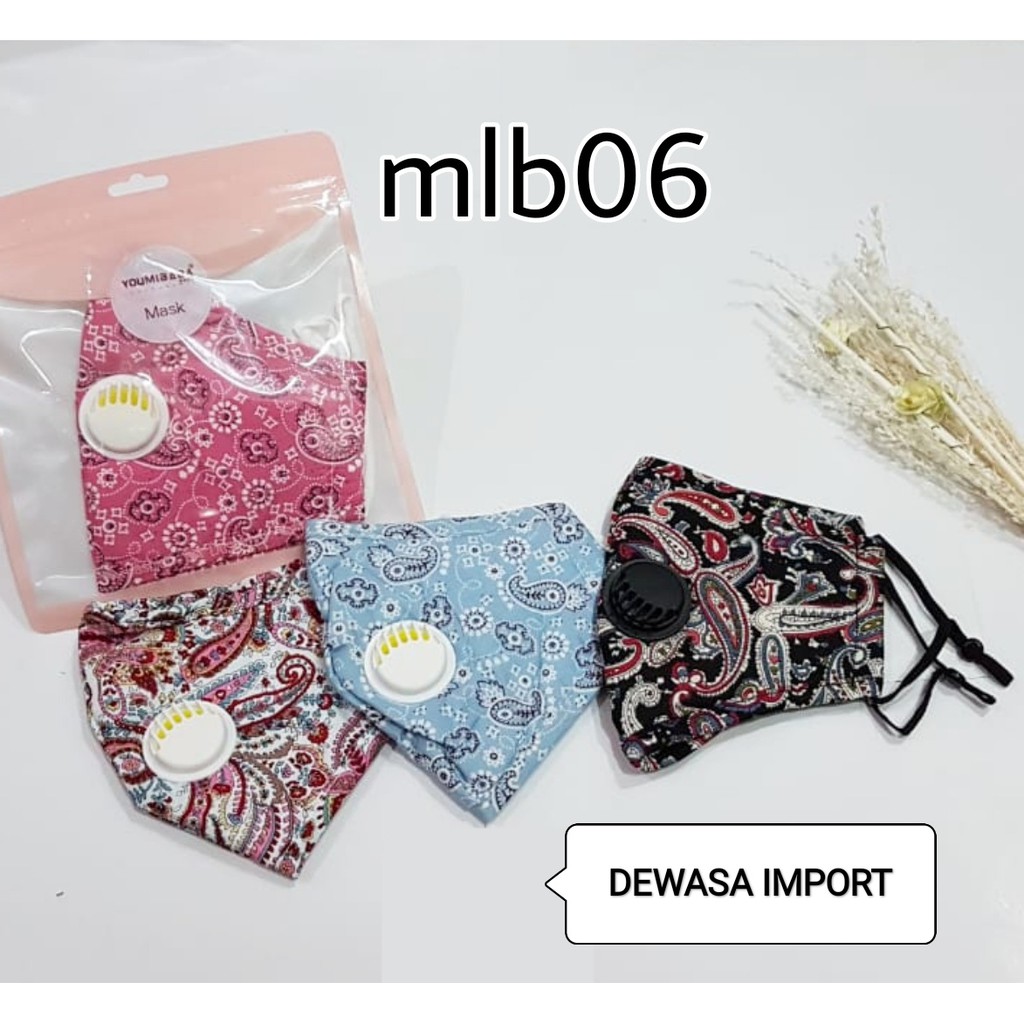 Masker mulut Dewasa KATUP RESPIRATOR motif Batik Filter Penyaring Kain Cotton Earloop Adjustable