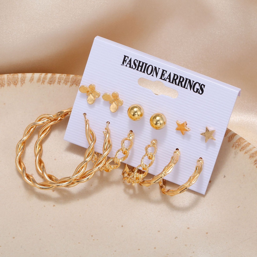 Anting Set Tusuk Korea 6 Pasang Spiral Hoop Bintang Bulat Kupu-Kupu Wanita Dalika