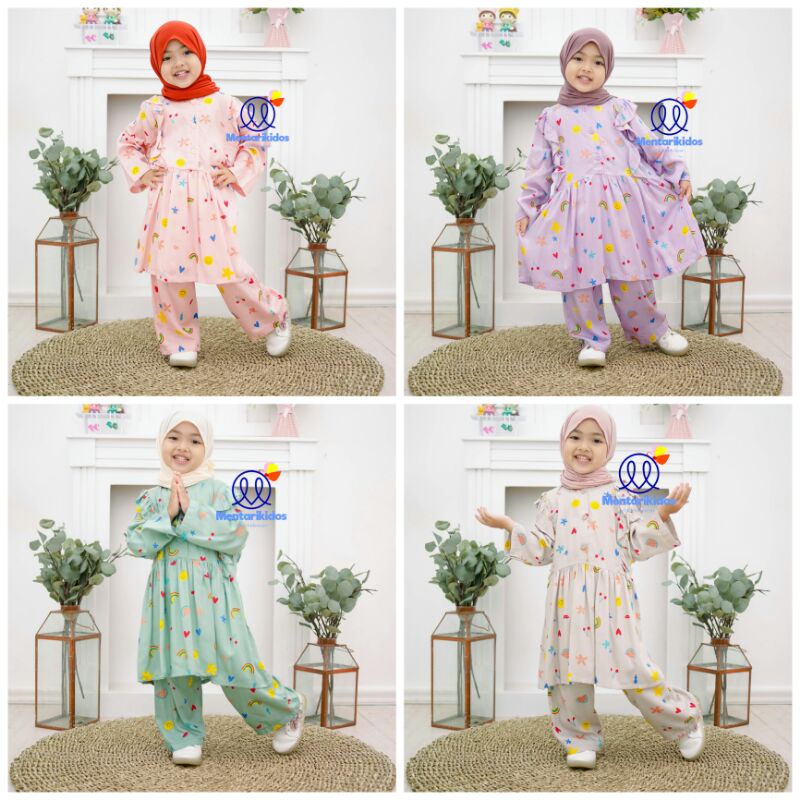 setelan aiko rainbow dan flower tunik anak satu set (tunik+celana) free jilbab baju muslim anak 4-11