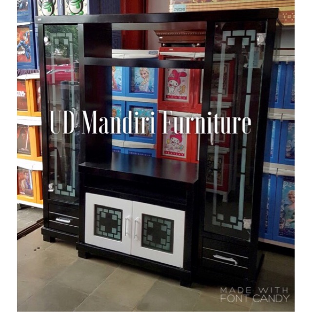 Lemari Pajangan TV Buffet Divider Kayu Hitam Kombinasi Lemari Pajangan TV Buffet Divider Kayu Hitam Kombinasi