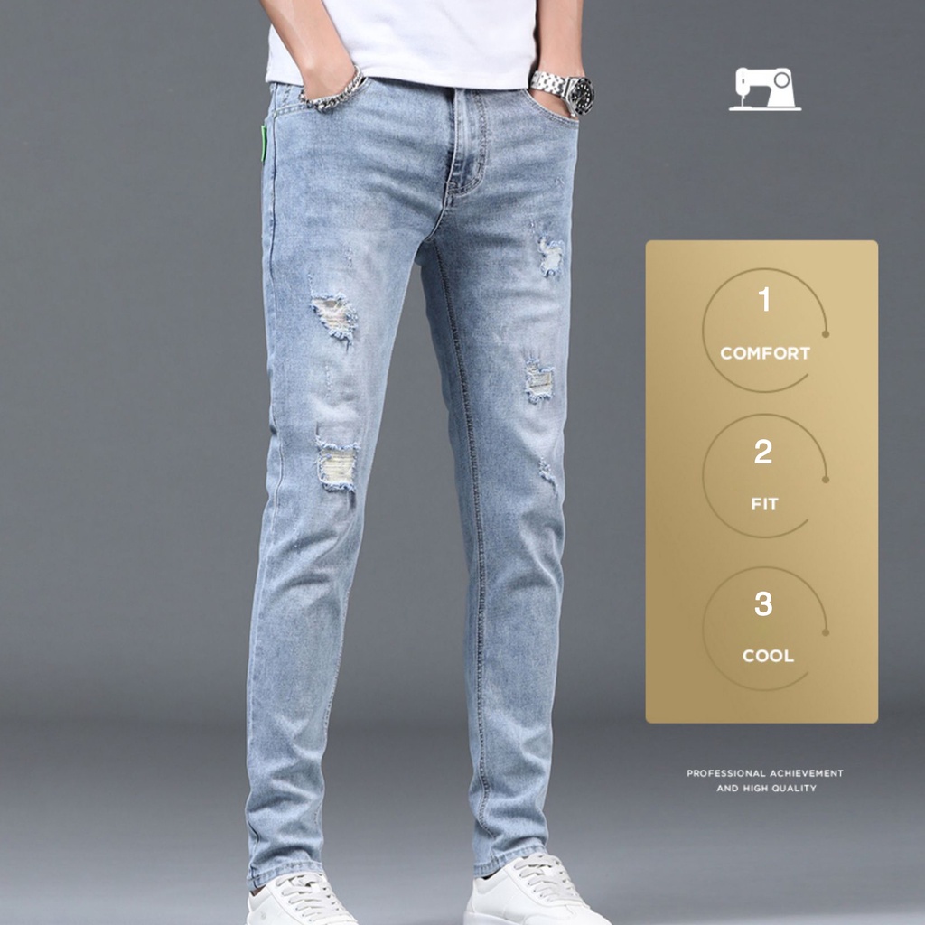 Celana Jeans Pria SLIM FIT STANDAR STRETCH SOBEK Korean Style Biru Muda Original Cowok Pensil Denim Skinny Laki Laki Dewasa Big Size