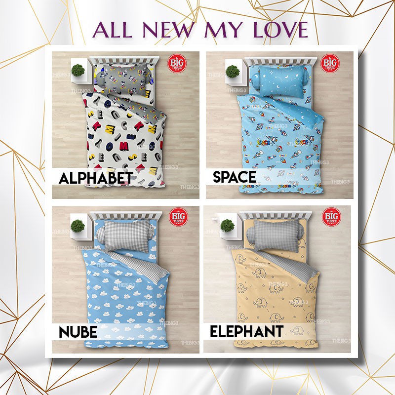 Sprei ALL NEW MY LOVE 120x200 Tinggi 30 Alphabet Aluna Nube Devira Magani Snoopy Never Mute Minnie Zion Cross The Street Nordic Whale Zello Nube Kalia Bellamy Linnea Bear Crane Duck Solava Varen - SINGLE 120 T30 SP