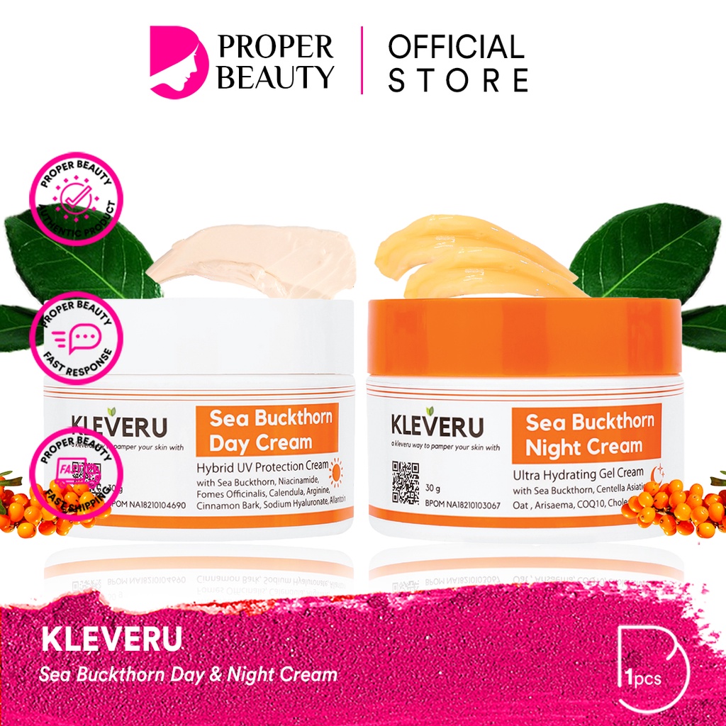 KLEVERU Sea Buckthorn Day &amp; Night Cream Indonesia / Cleansing Essence Toner Serum Ampoule Moiturizer Sunscreen Eye Mask Masker / Glass Skin Overnight Vitamin C Ferulic Centella Spirulina Rose Pink Ceramide Glow Organic Grapeseed Hydrating Gel Oil Water