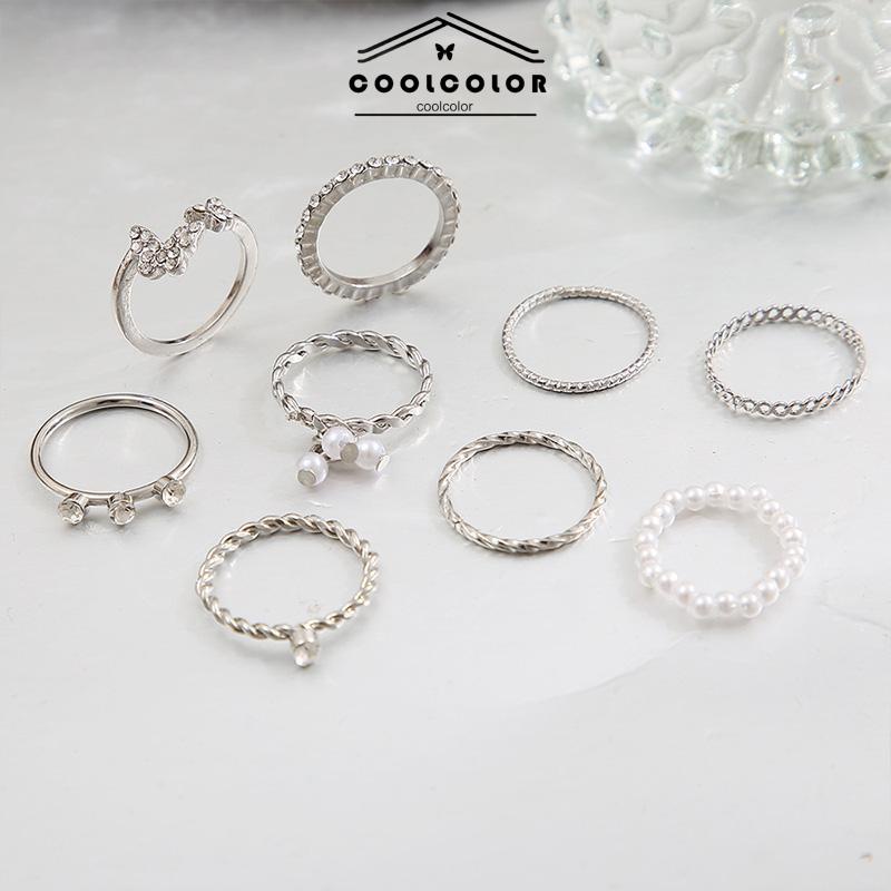 Murah❤️9Pcs/Set Cincin Kupu-kupu Berlian Mutiara Kristal Ring Set Retro Korea Terbuka Fashion Perhiasan Aksesoris Ready Stock