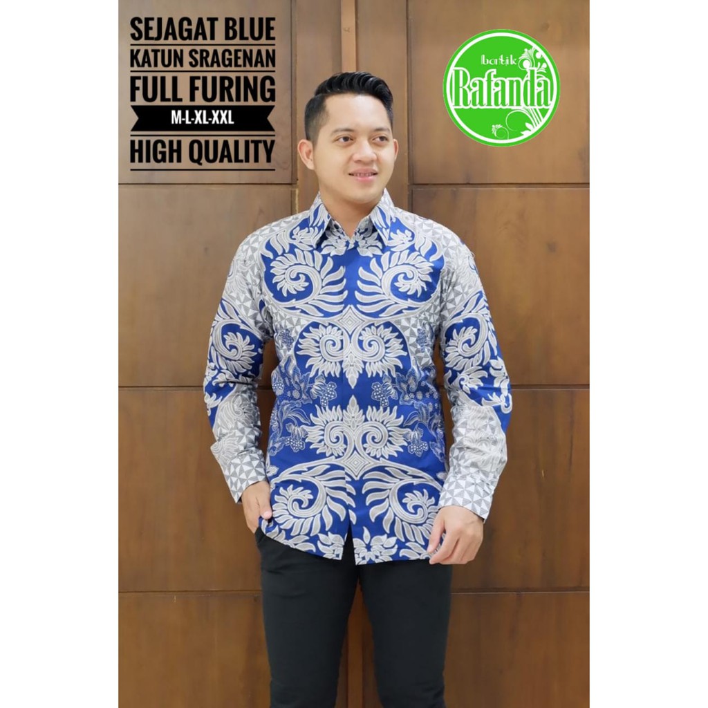 SEJAGAT BLUE RAFANDA BAJU KEMEJA BATIK PRIA SOLO LENGAN PANJANG PENDEK LAPIS FURING ATASAN BATIK PREMIUM MODERN KATUN HALUS CABE MERAH PUSAKA BIRU GELEMBUNG SEKTI BANGAU KUNING MOZAIS MERAK PINK BANGAU WARNA GURDO EMAS TRESNO KARISMA MERAH ALBANI MAHKOTA