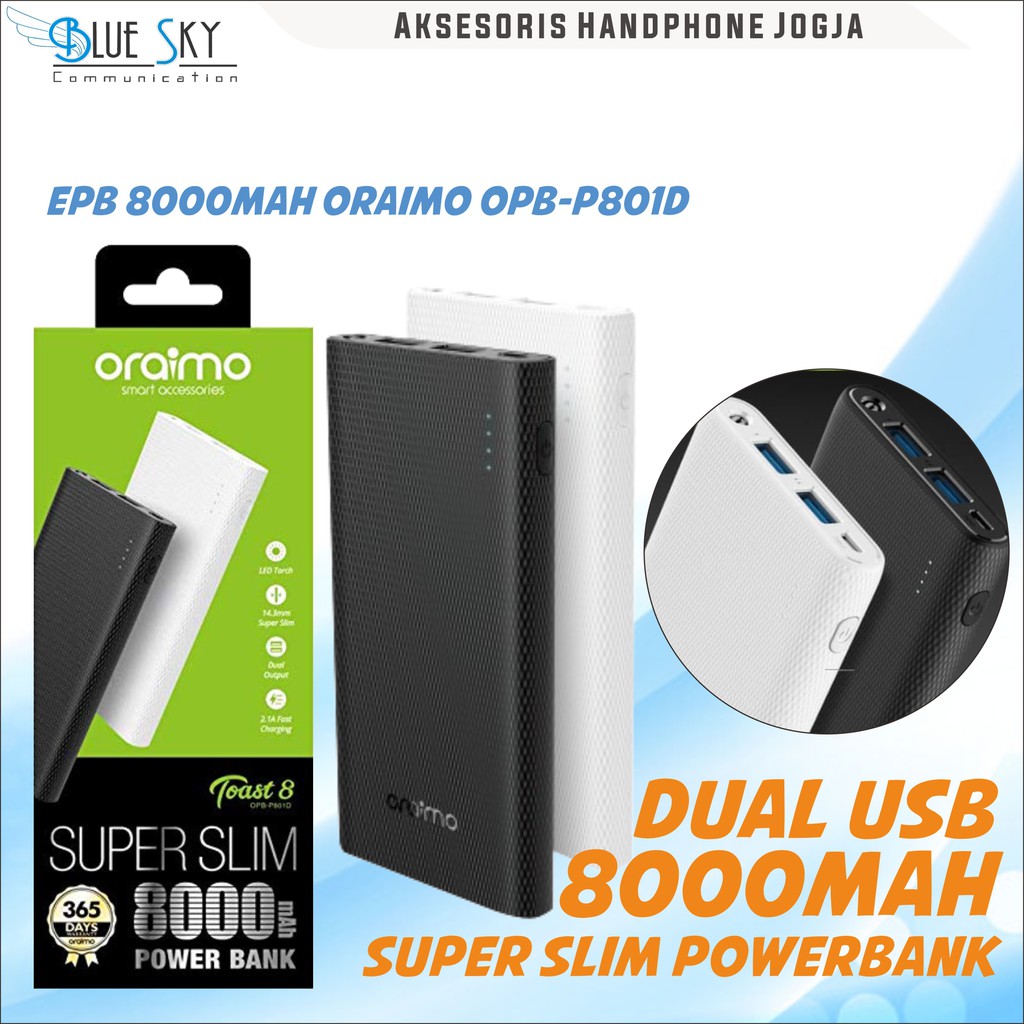 POWERBANK PORTABLE 8000MAH ORAIMO OPB-P801D SUPER SLIM MINI DUAL USB