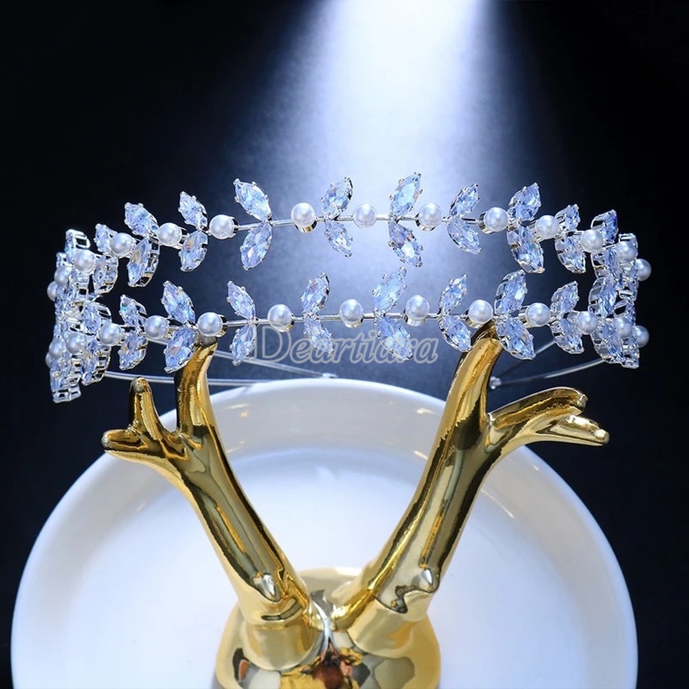 Headband Bentuk Daun Aksen Mutiara Bahan Zircon Gaya Eropa Amerika Untuk Aksesoris Pernikahan