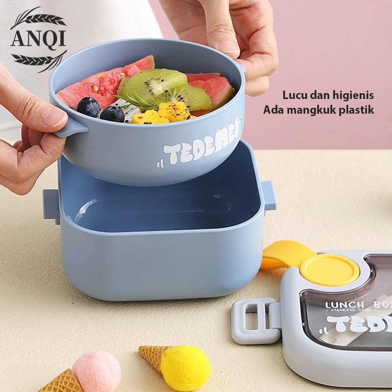 ANQI 1888 4 Pcs Lunch Box Set /2 Kotak Makan/Free Sendok/Anak Anti Bocor Kotak Makan VS-79