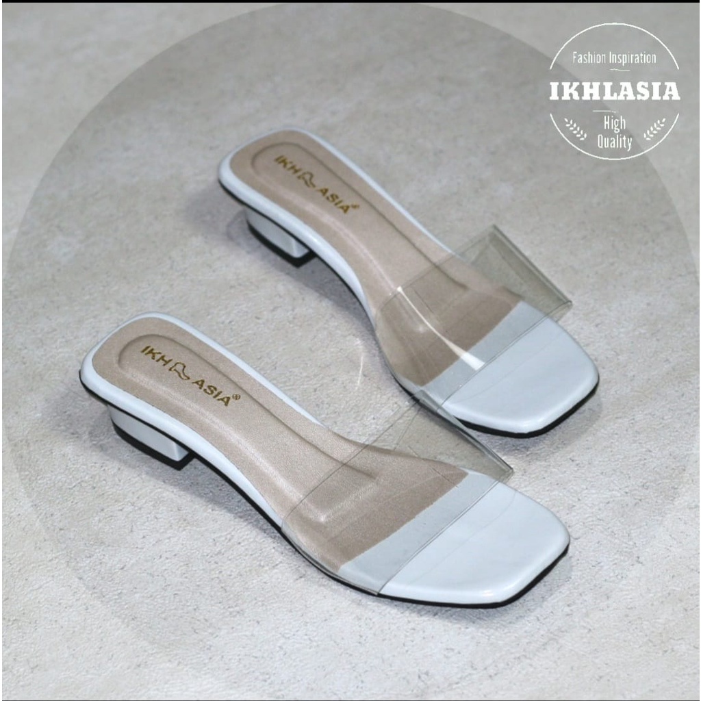 Ikhlasia Big Sale Sandal Wanita Hak Chunky Slop Mika Transparan HT69 Bisa COD