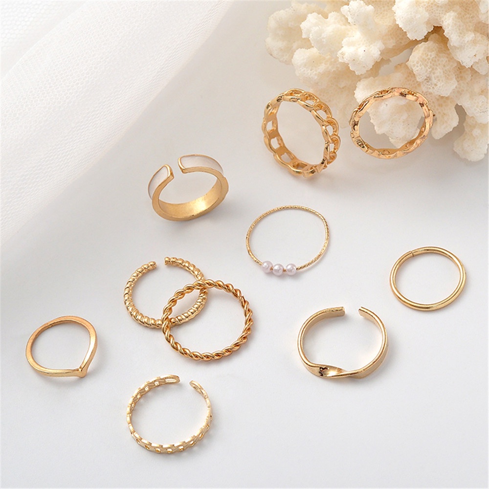 10pcs / set Cincin Knuckle Kombinasi Desain Geometri Hias Mutiara Gaya Simple Untuk Wanita