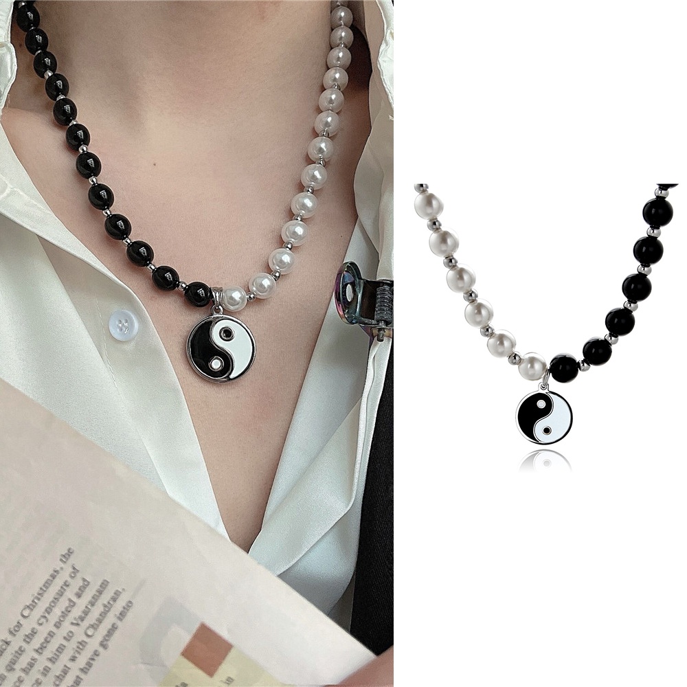 1pc Kalung Rantai Liontin Yin Yang Hitam Putih Gaya Jepang Korea Untuk Pria Dan Wanita