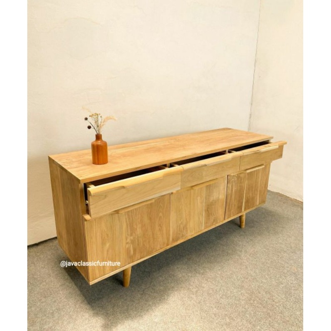 BUFET RETRO MINIMALIS PINTU LACI KABINET TEMPAT TV PAJANGAN DRAWER UKURAN 150x45x70cm BAHAN KAYU JATI TPK PERHUTANI FINISHING BLEACHING DOFF FURNITURE JEPARA-2