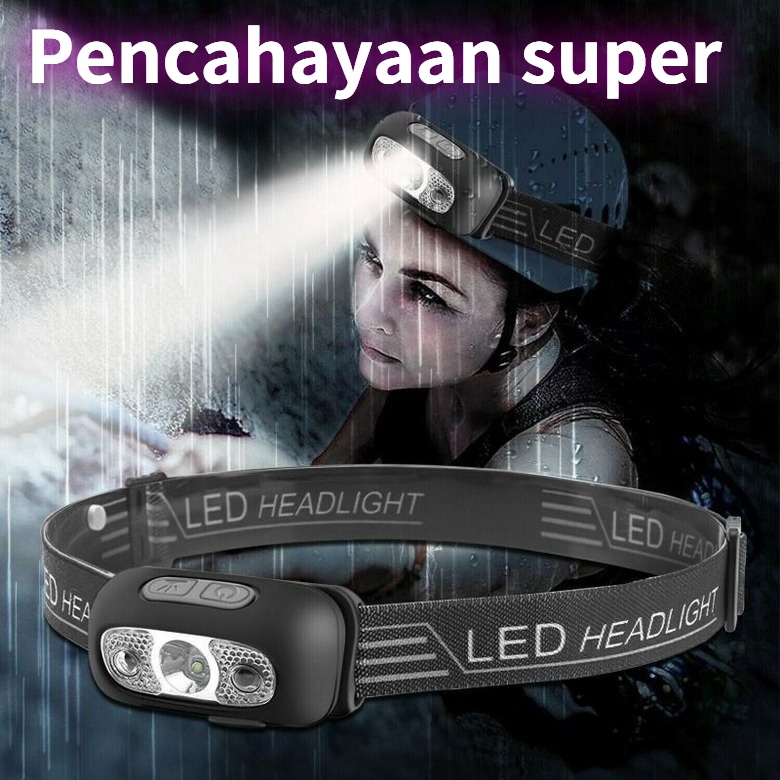 【COD】Headlamp/Mini LED Headlamp/Lampu Senter Kepala Led/Senter Kepala Headlamp LED Rechargeable USB + Motion Sensor