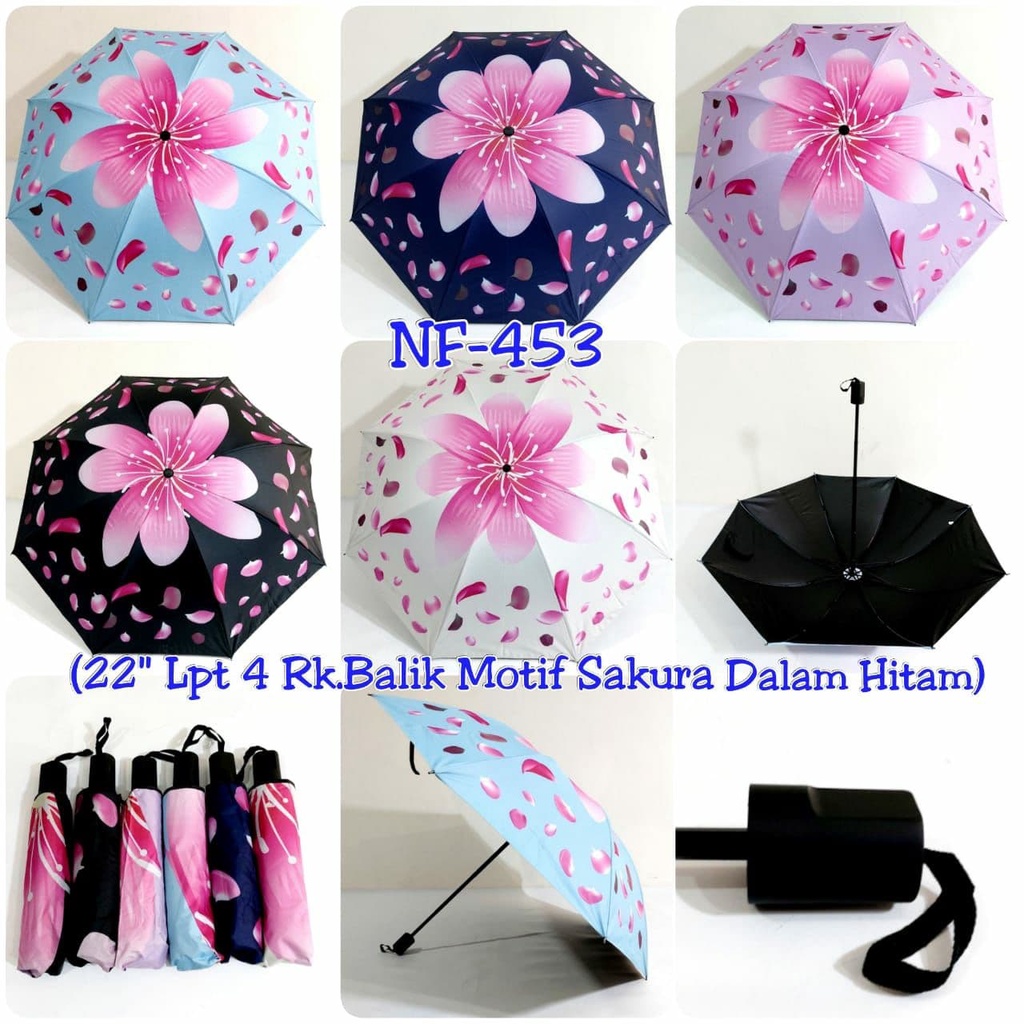 Payung Lipat 4 Motif Bunga Sakura Dalam Hitam Anti UV/ Payung lipat tebal /Payung cantik /Payung kor