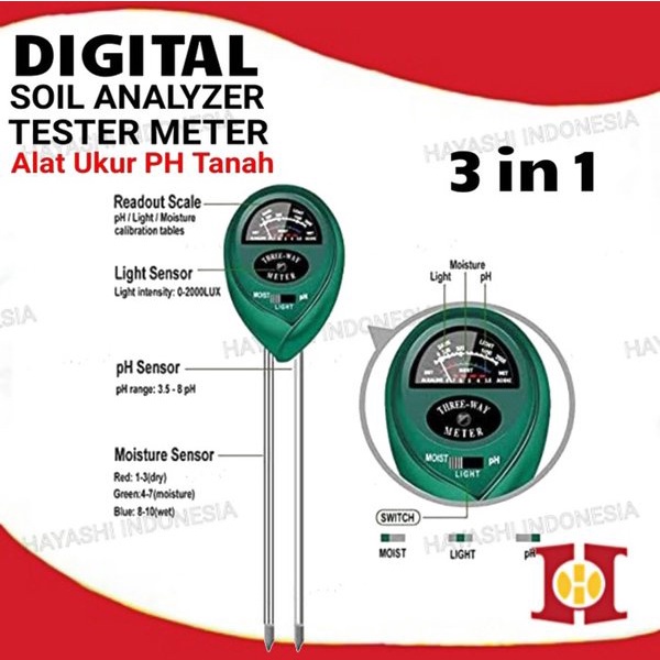 Alat Ukur Meter Tester Tanah Digital Soil Analyzer Moisture PH Light