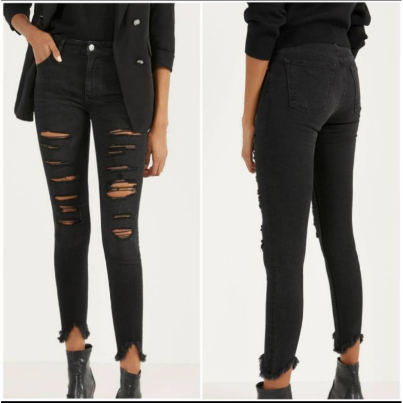 Jeans Wanita Skinny Mid Rise Ripped Jeans Black Bershka Original