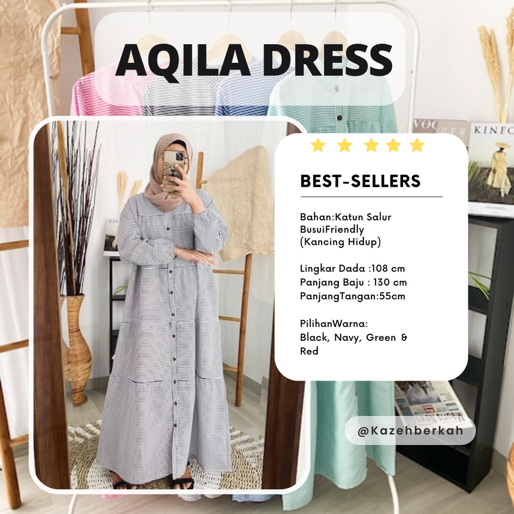 Baju Dress Wanita Muslim midi motif garis garis  salur katun Busui