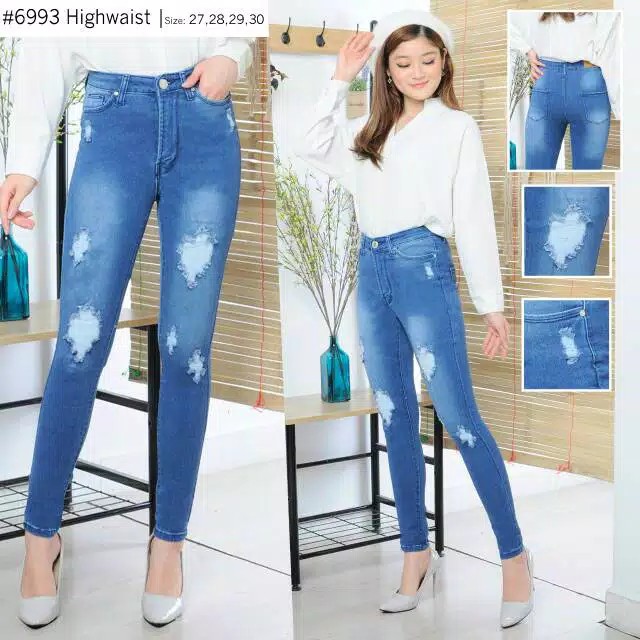 Asia Mode High Waist Sobek Wanita / Celana Jeans Pinggang Tinggi / Highwaist / Celana Pinggang Tingg