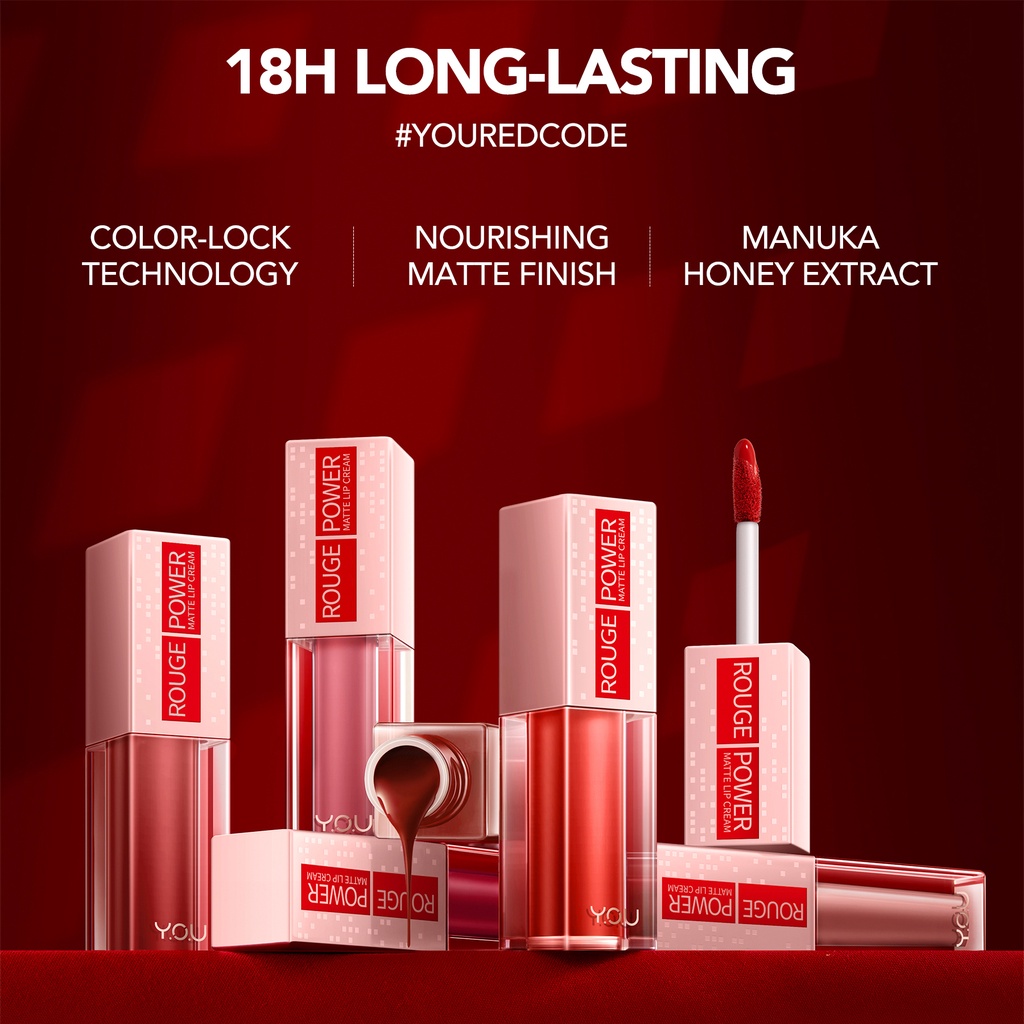 YOU Y.O.U Rouge Power Matte Lip Cream | Matte Finish, Tahan Lama, Nourishing, with Manuka Honey