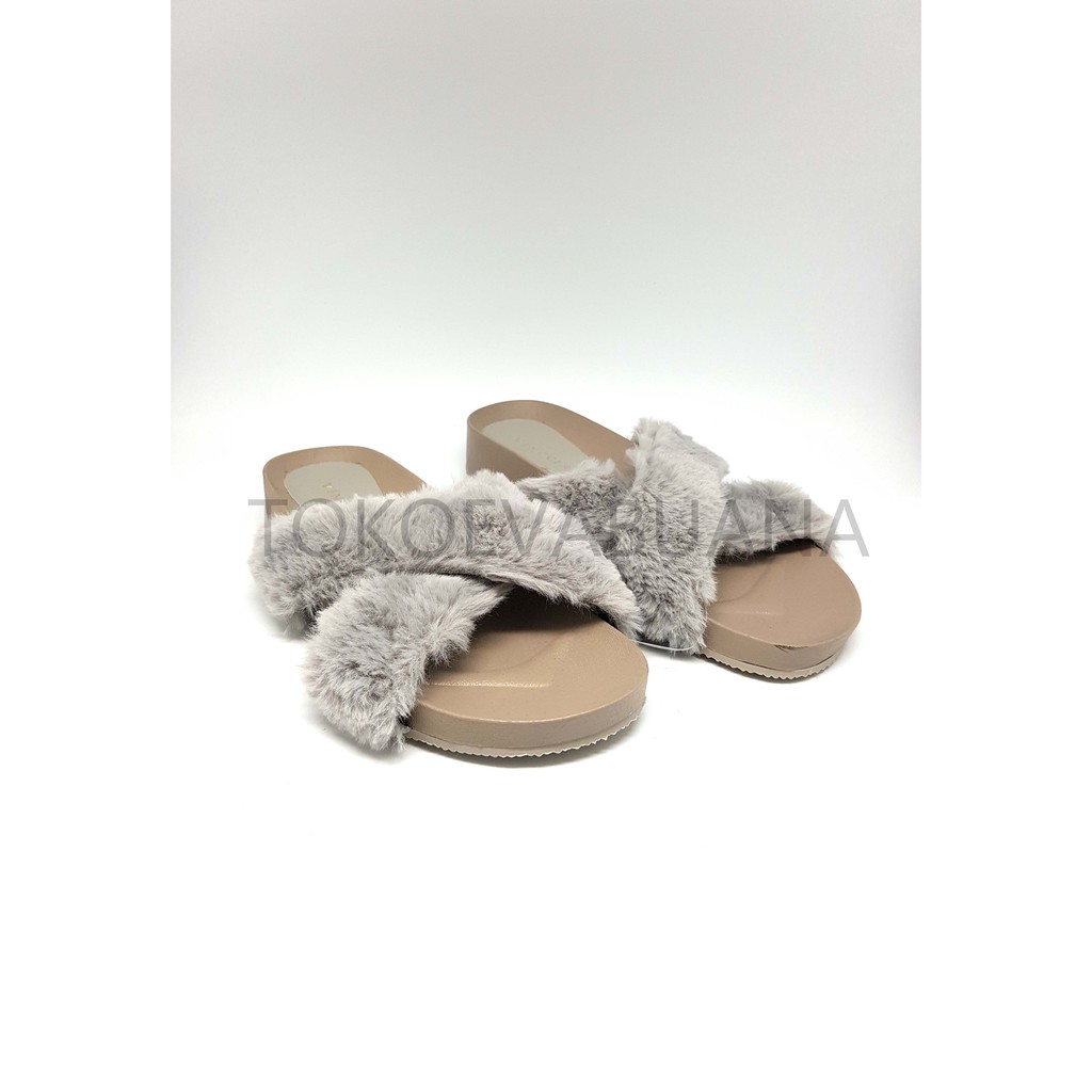 Sandal Selop Bulu Vincci VNC Original Abu Abu Gray