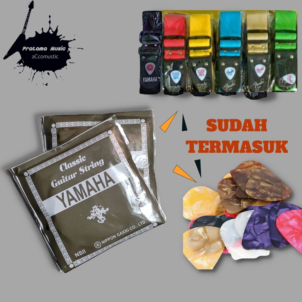 Paket Senar Gitar Yamaha Classic Nilon , Senar Gitar Nylon , 1set , Strap Sabuk Gitar , Pick