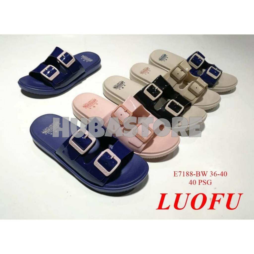 SANDAL JELLY LUOFU WANITA BAN MODEL DUA GESPER E7188-BW