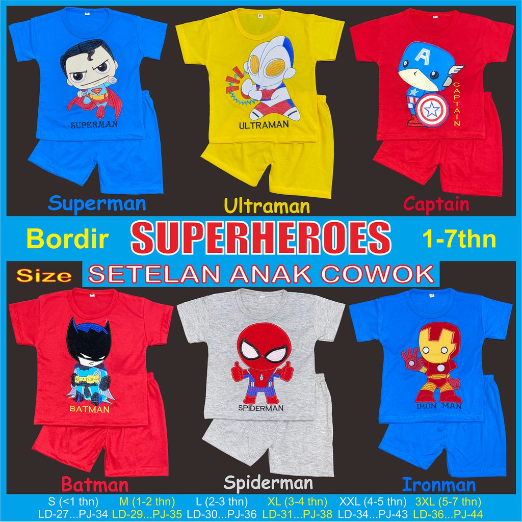 RAINBOW SETELAN / SET BAJU ANAK COWOK 1- 7 TAHUN BORDIR &quot;SUPERHEROES&quot;