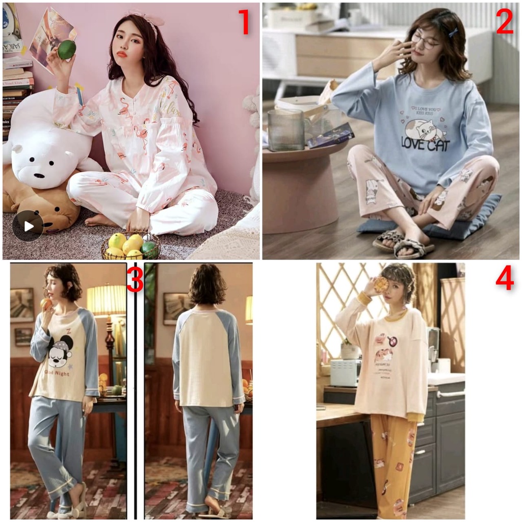 Baju tidur piyama lengan panjang celana panjang bahan kaos katun import