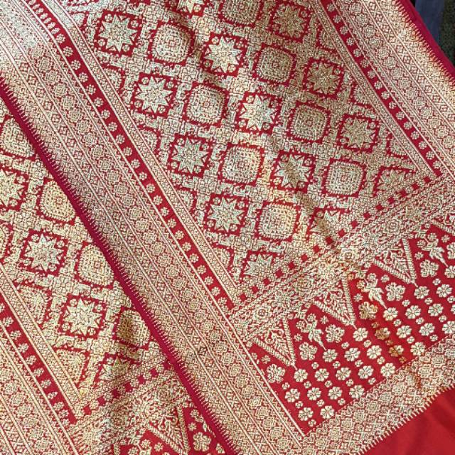 Songket palembang asli sutra alam asli benang 1 helai lepus merah pengantin intan berlian
