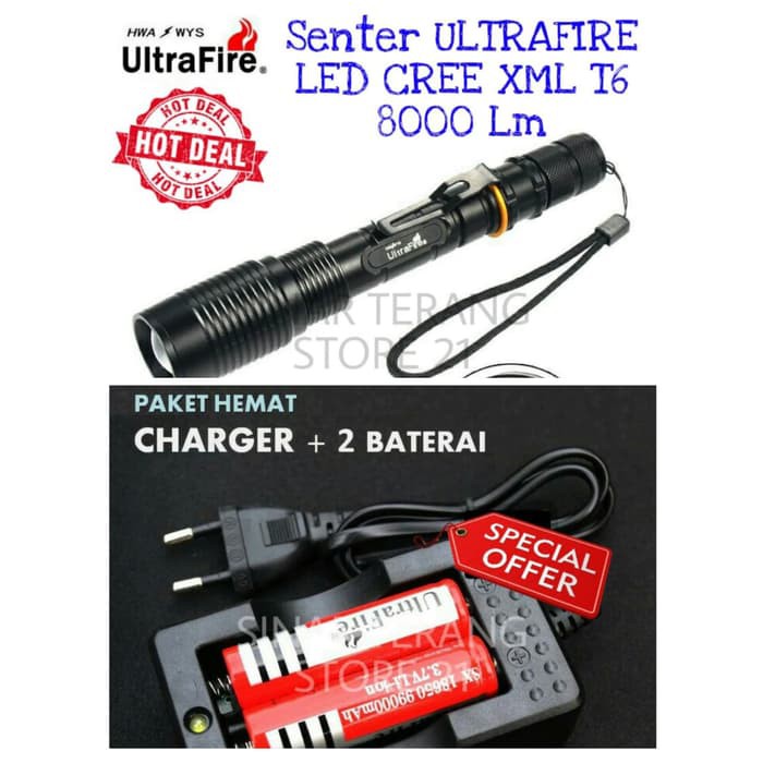 [PAKET HEMAT TNI] Senter ULTRAFIRE 8000 Lumen LED CREE XML + Charger