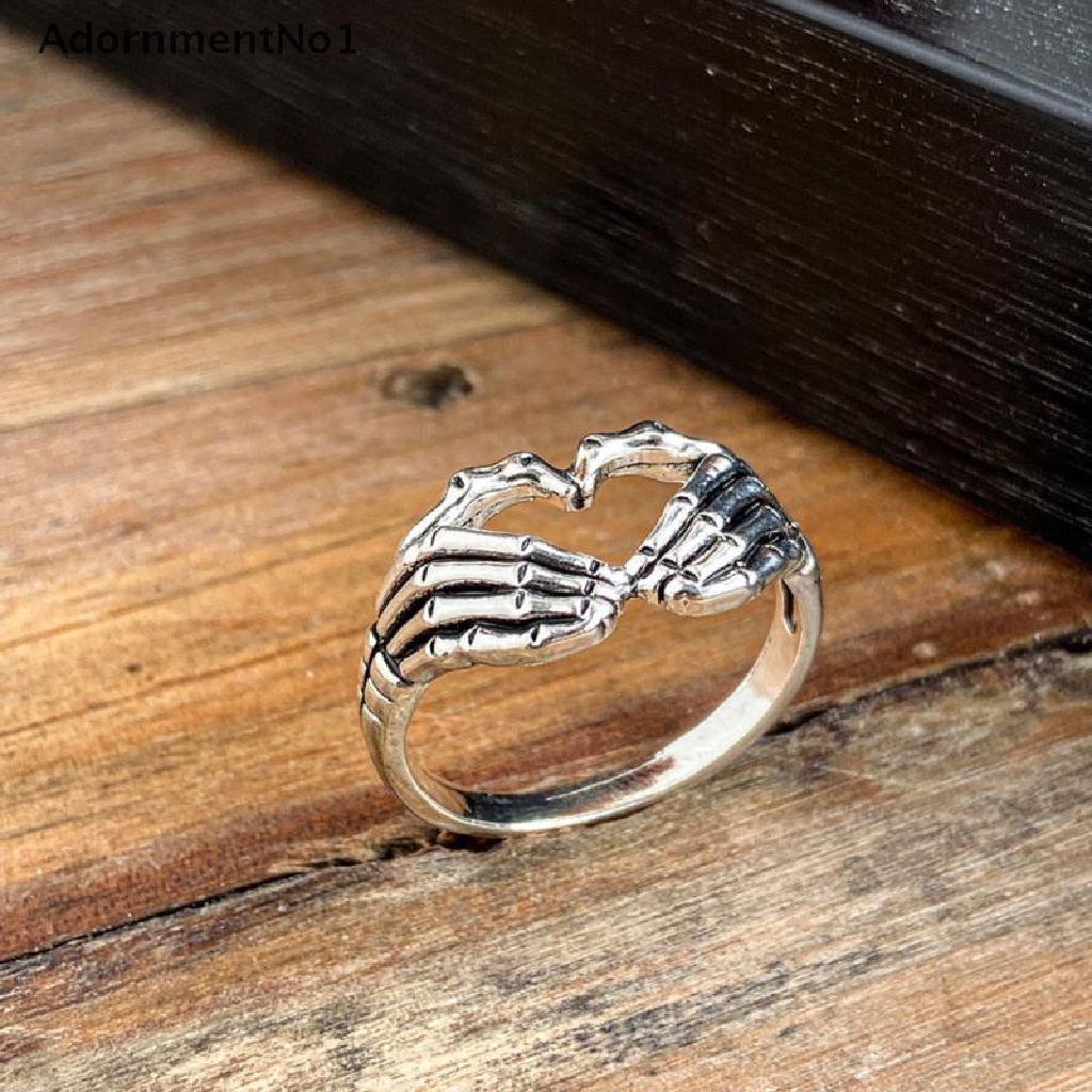 (AdornmentNo1) Cincin Gaya Punk Hip Hop Vintage Motif Telapak Tangan + Tengkorak Untuk Pria / Wanita