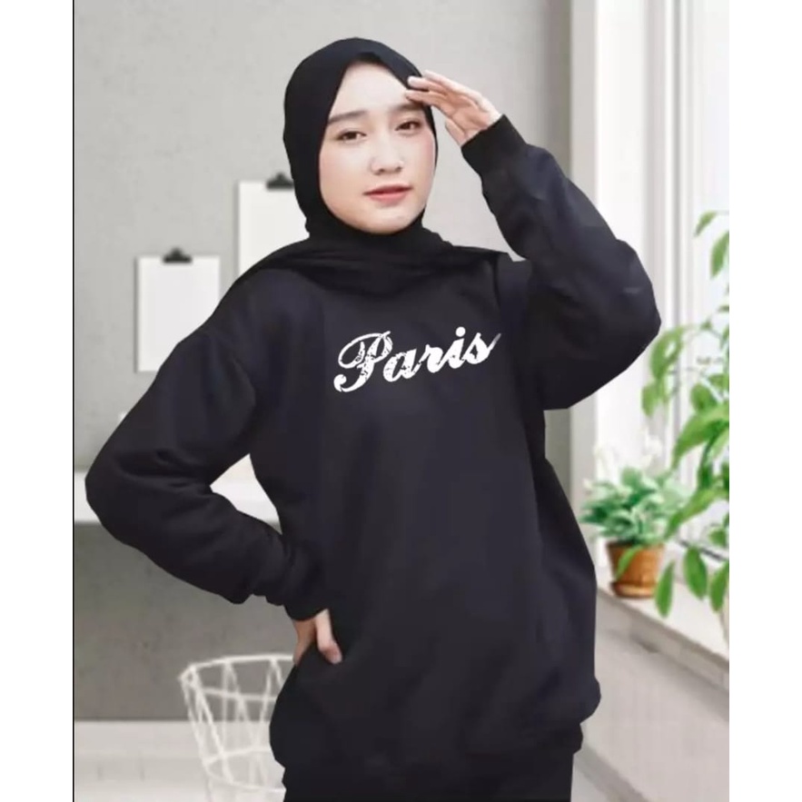 PARIS TEXT SWEATER FLEECE UNISEX TEBAL TERBARU'