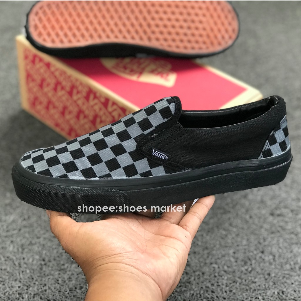 VANS SLIP ON CHECKERBOARD BLACK GREY HITAM ABU