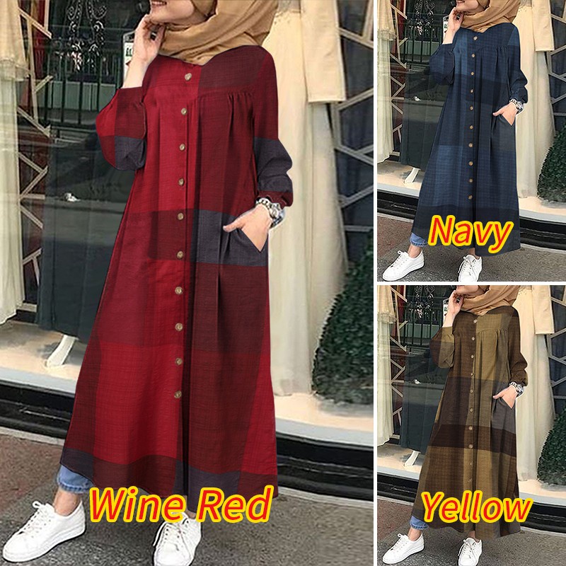 ZANZEA Women Muslim Long Sleeve Plaid Printed Casual Long Dress