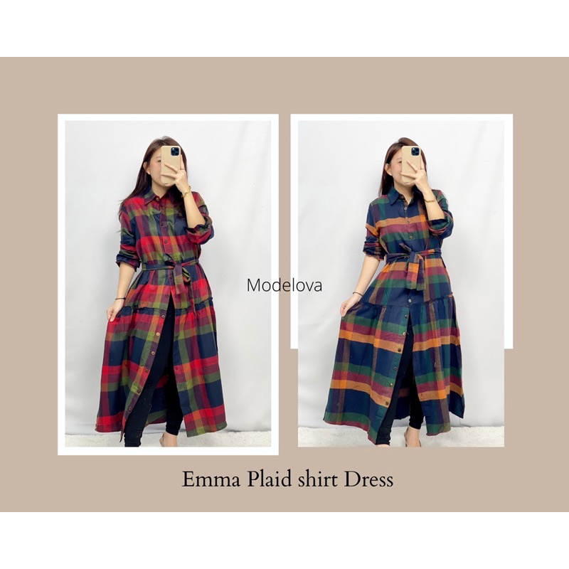 MDLV ~ 04430# Emma Plaid Shirt Dress Kotak Dress Maxi Fashion Import