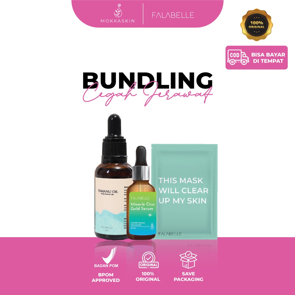 Falabelle Bundling Cegah Jerawat 2 ( Acne Mask,TamanuOil 30 ml , Serum Falabelle 15 ml)