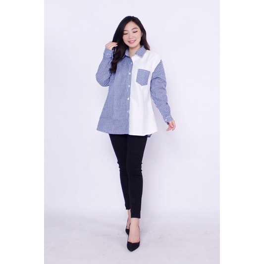 KEMEJA WANITA/ KEMEJA KOTAK KOMBINASI PUTIH SIZE XL/ XXL-2