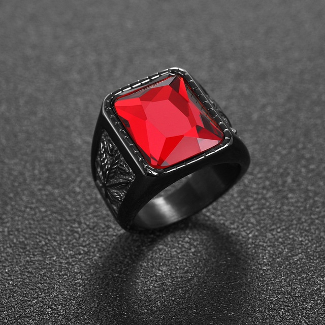 Cincin Ruby Hitam Bentuk Daun Maple Bahan Stainless Steel Gaya Vintage Untuk Pria