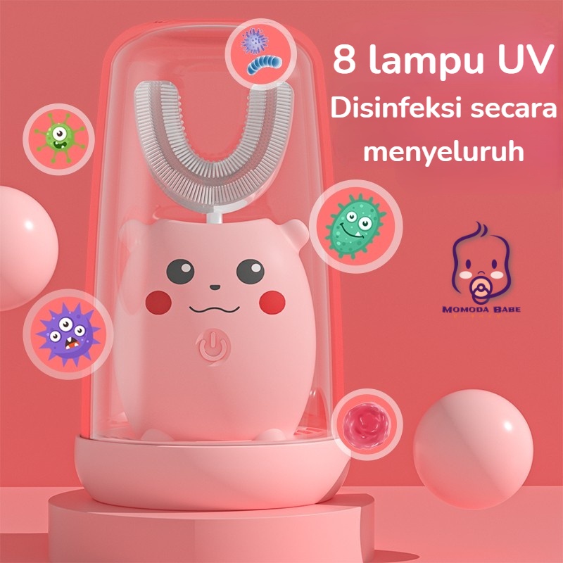 MOMO Sikat Gigi Elektrik Anak Pikachu Lucu LED UV-Lampu Antibakteri Anit Air  Baterai Isi Ulang Gratis Piala Obat Kumur