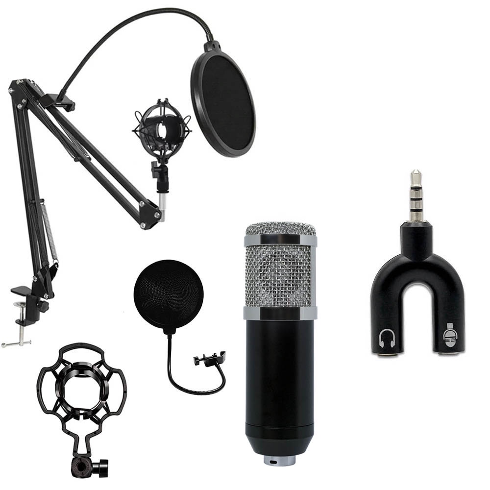 PAKET KUMPLIT MIC CONDENSER BM 800 + STAND + SOUNDCARD V8 + SPLITTER