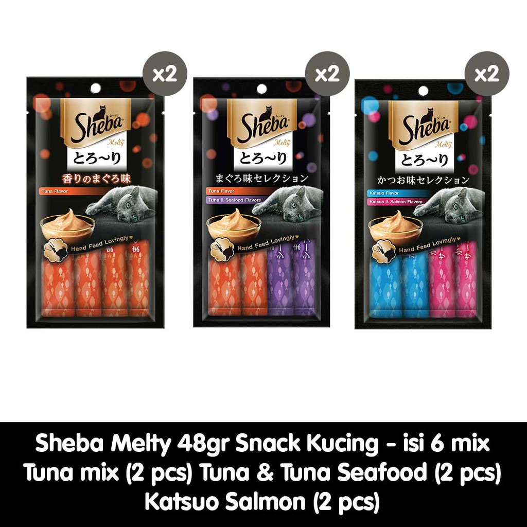 Sheba® Melty Snack Kucing Basah rasa Tuna Mix, Tuna Seafood, dan Katsuo Salmon 48gr - Isi 6