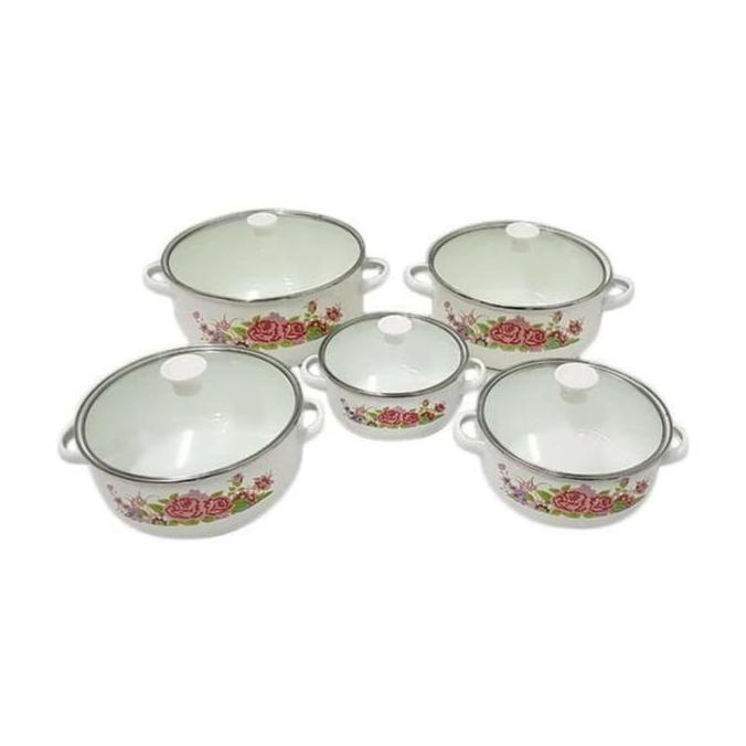 Panci Set Enamel Motif Kembang 5 Pcs / Paket Alat Saji Makanan - Putih Pe8278