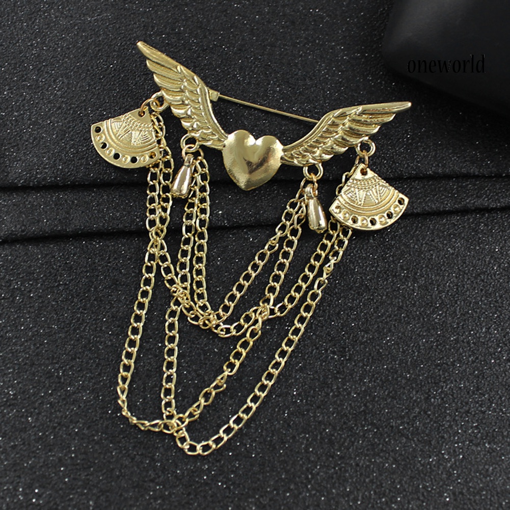 OW@ Retro Angel Wing Heart Shirt Suit Collar Tip Lapel Brooch Pin with Chain Tassel