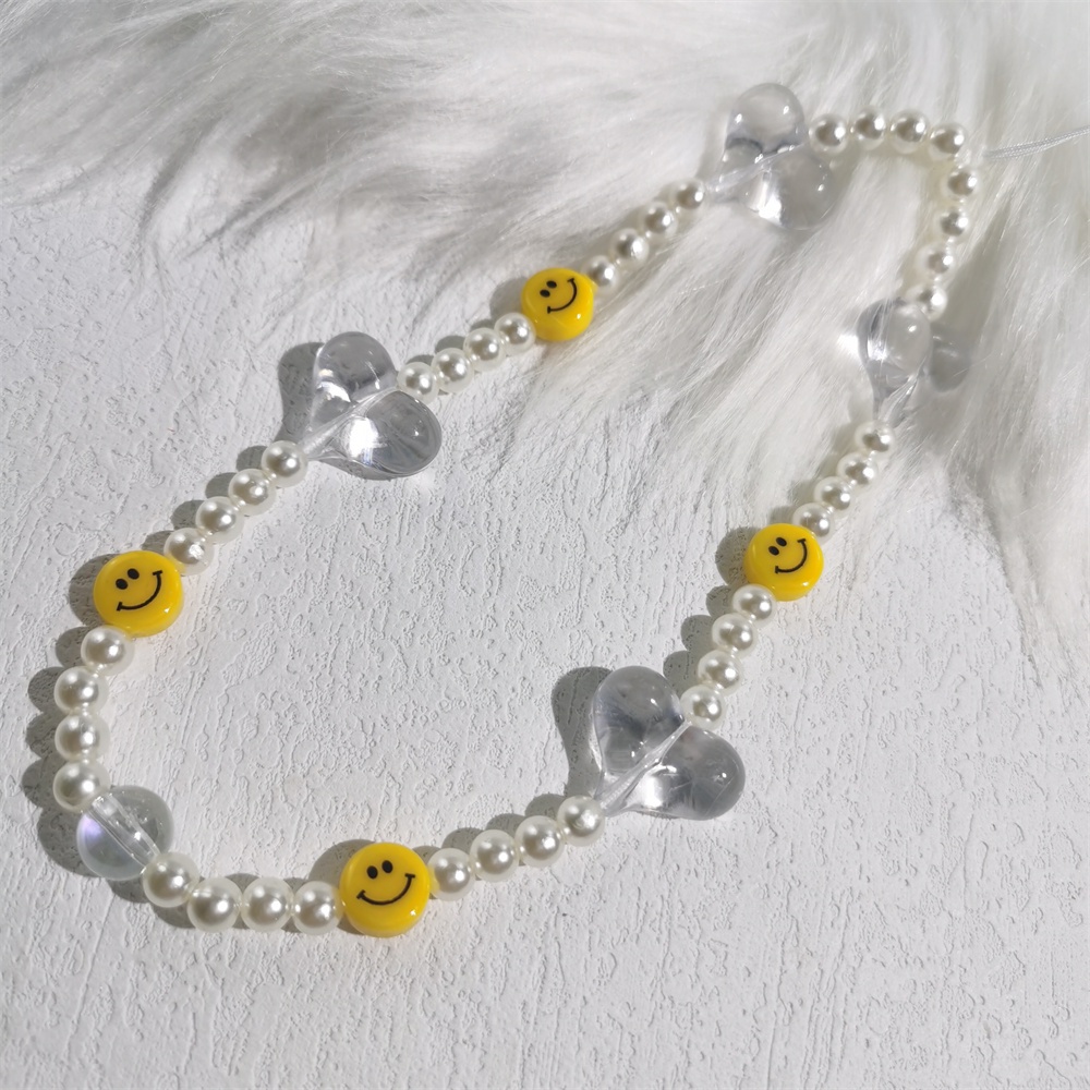 Tali Lanyard Manik-Manik Mutiara Akrilik Transparan Motif Smiley Face Untuk Case Handphone