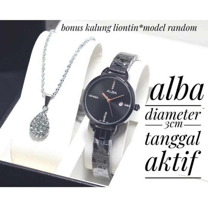 Jual Jam Tangan Wanita ALBA Tanggal Aktif Bonus kalung-Hitam Berkualitas