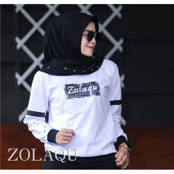 Kaos Modis Bahan Premium Zolaqu Putih Volkadot Atasan Wanita Kaos Lengan Panjang