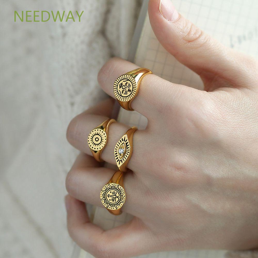 Needway  Gothic Finger Rings Vintage Sun Aesthetic Rings Eye Gift Flower Face Exaggeration For Men Women Fashion Jewelry