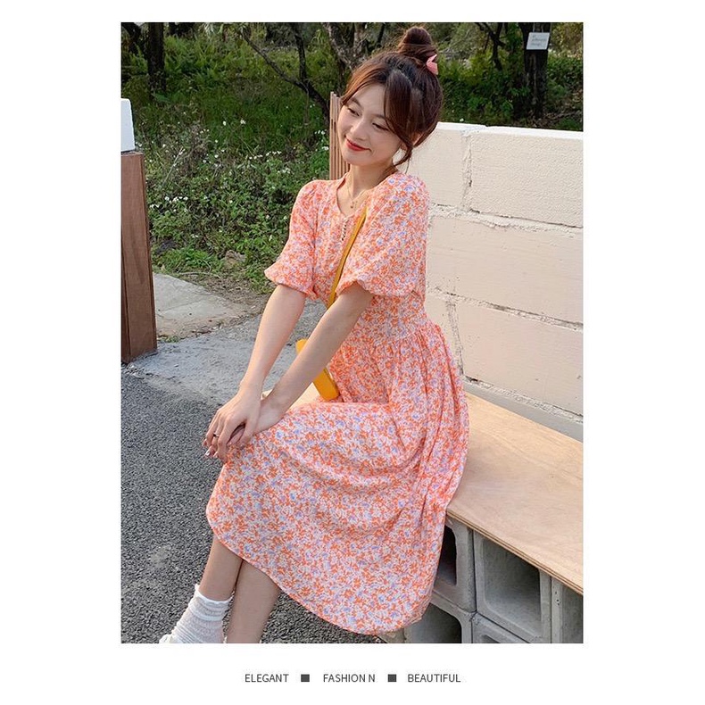 [littlecrab] Dress Bunga Oren Aesthetic Orange Flower Long Dress With Pearl Dress Panjang Model Tradisional Simple Elegan Berkualitas Korean Style Chinese Modern Dress Lengan Pendek Model Bunga Bunga Simple